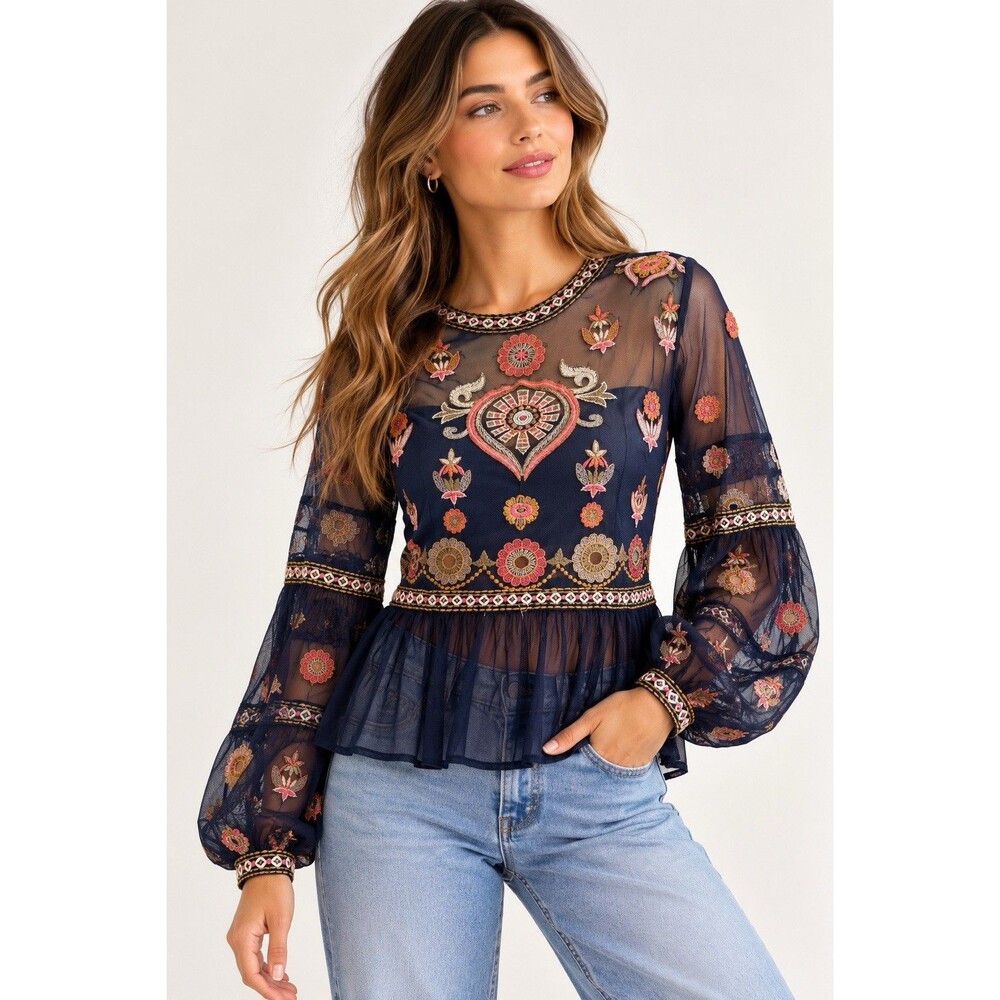 Zara Basic Collection Navy Sheer Embroidered Mesh Peplum Blouse Size Small